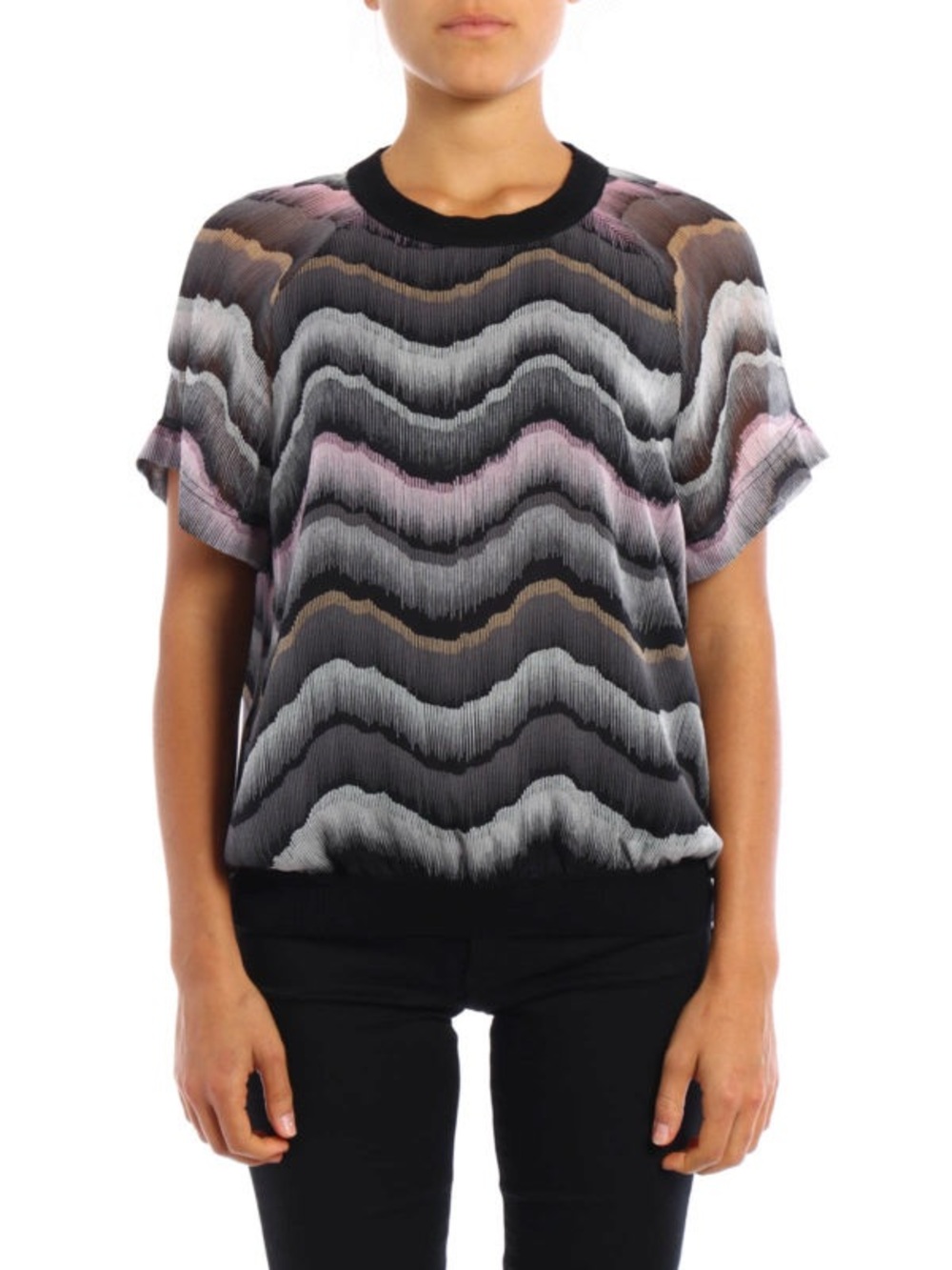Wavy Stripe Short-Sleeve Knit Top in Black and Pink